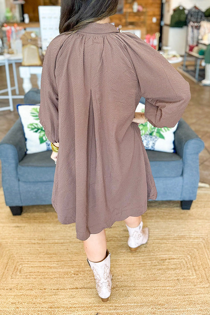 Pocketed Bubble Sleeve Scallop Dress