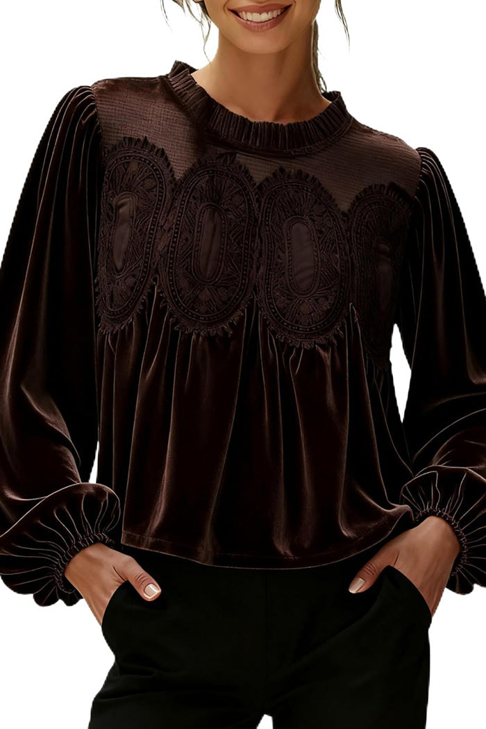 Velvet Trim Lace Puff Sleeve Top