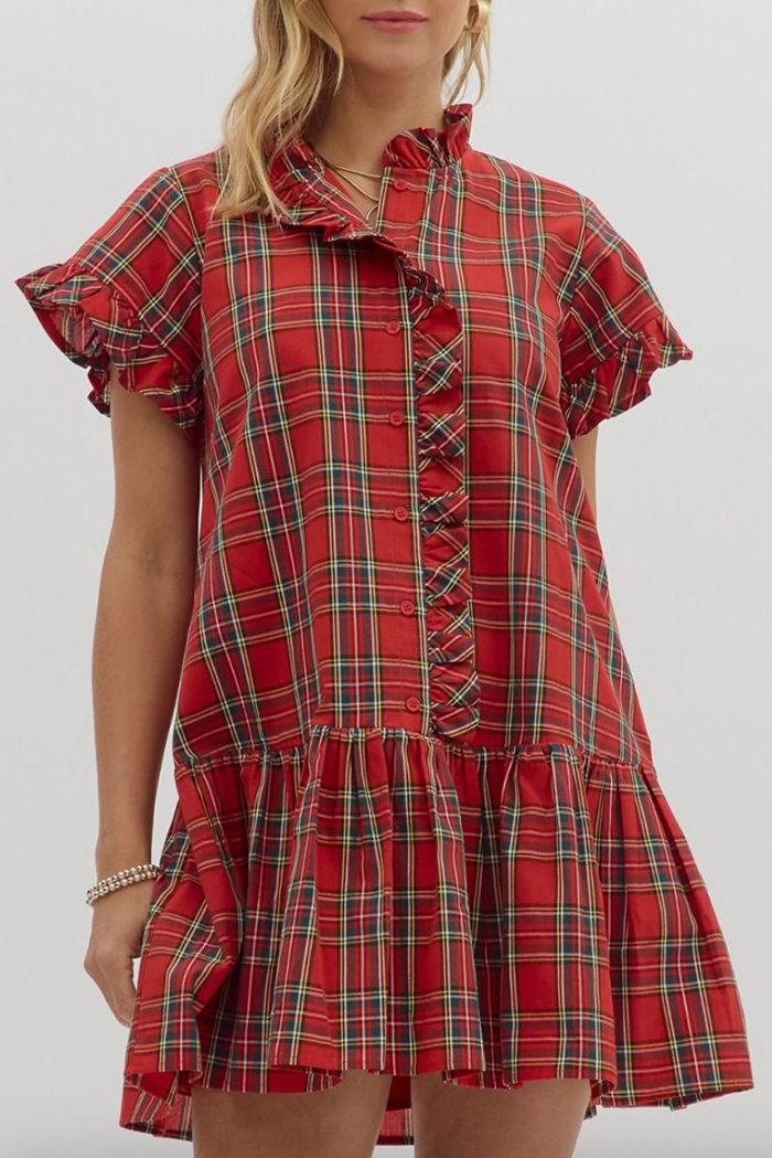 Plaid Pattern Ruffle Hem Dress