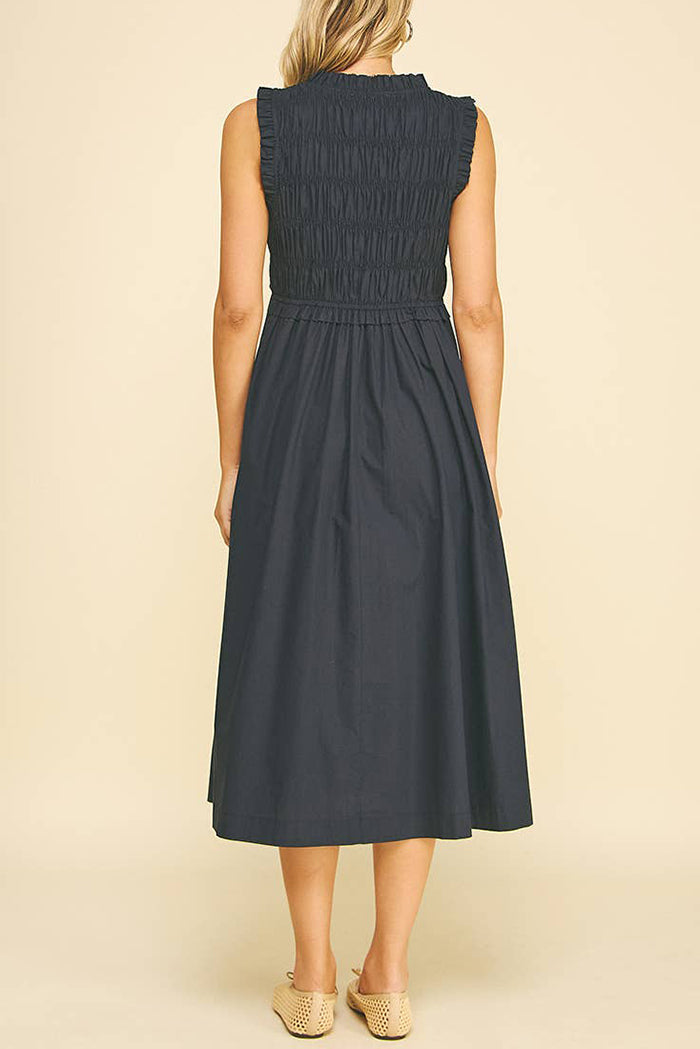 Front-Tie Smocking Pocket Midi Dress