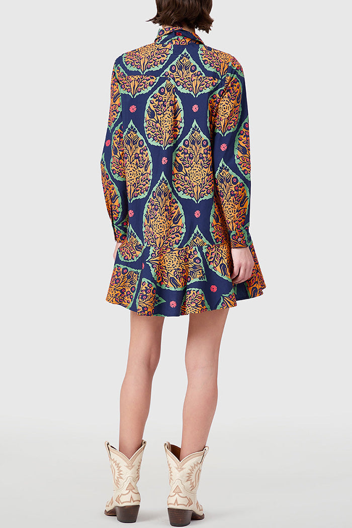 Paisley Print Shirt Collar Ruffle Hem Mini Dress