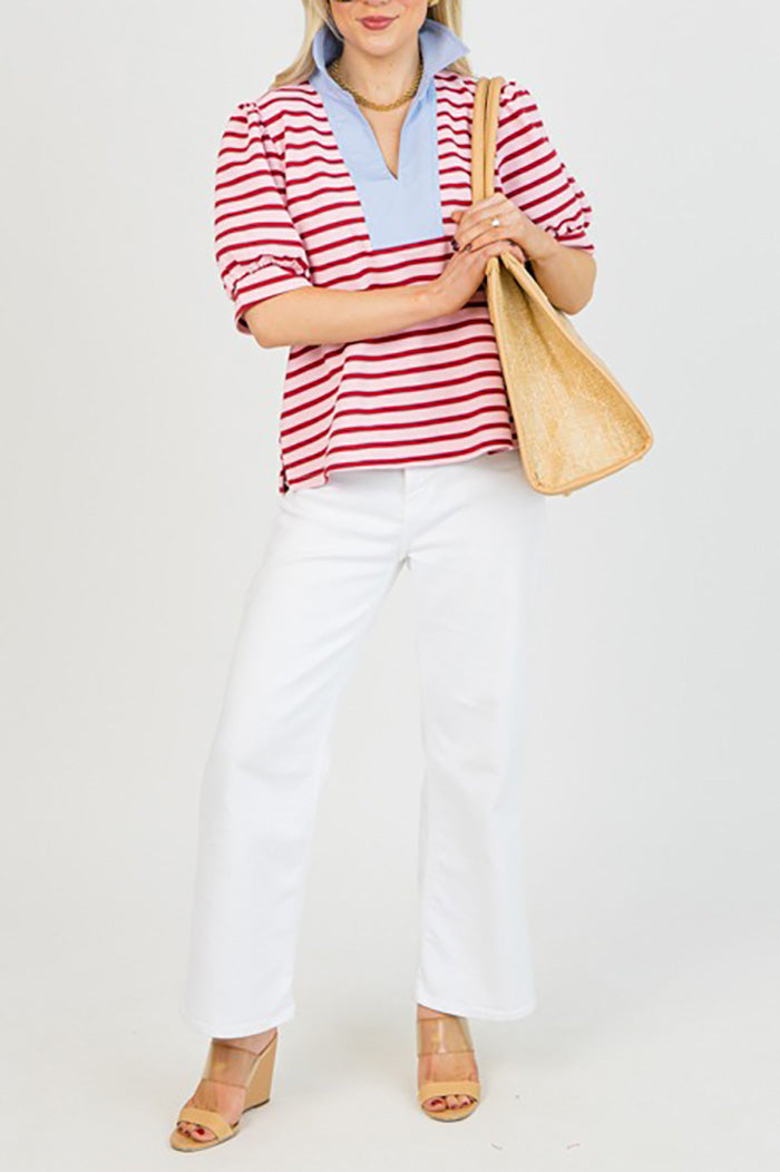 Contrast Stripe Puff Sleeve Top