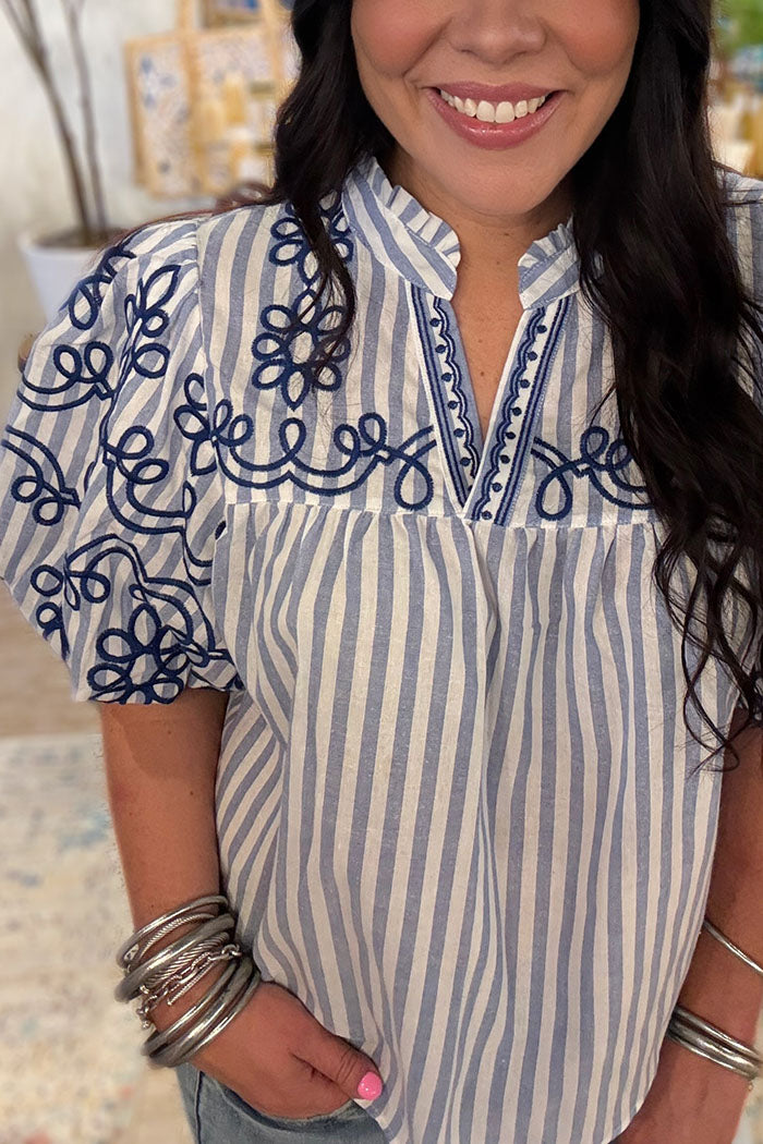 Striped Ruffle Collar Bubble Sleeve Top