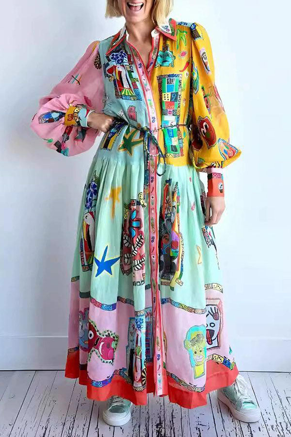 Lantern Sleeve Graffiti Lace-Up Dress