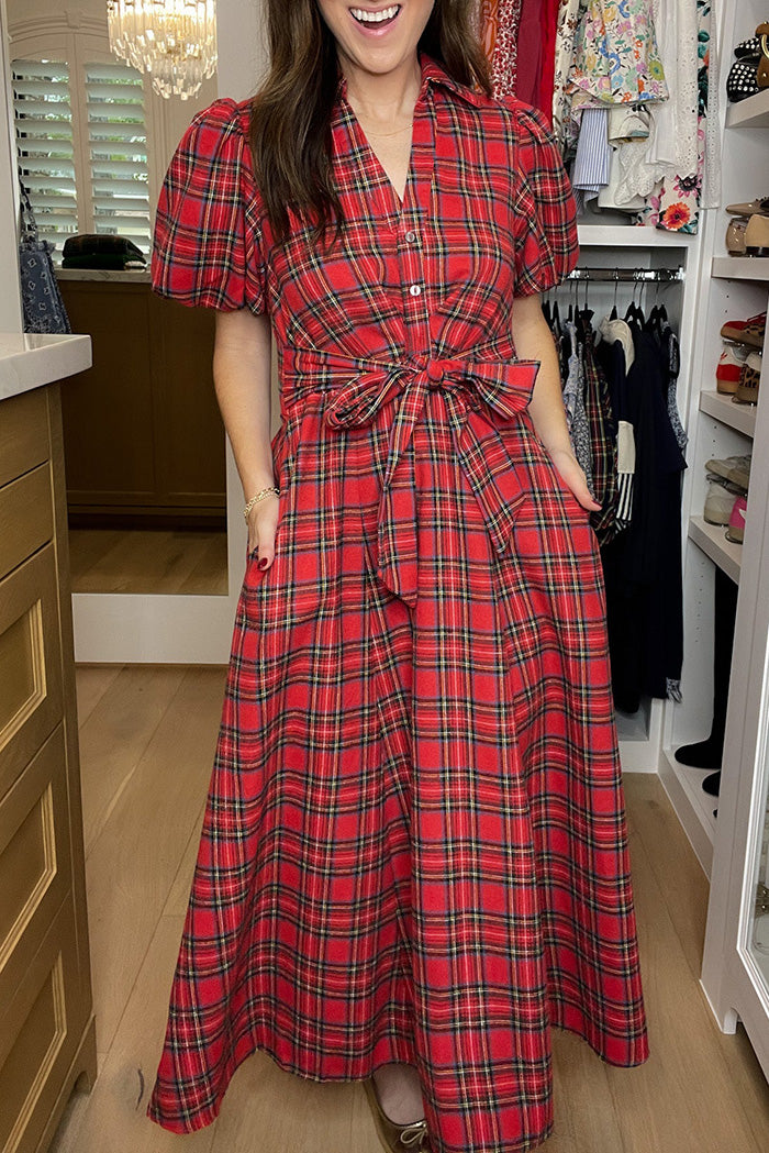 Pocketed Tie Waist Plaid Puff Sleeve Midi Dress