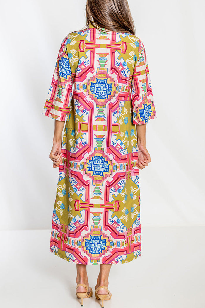 Multicolor Print 3/4 Sleeve Side Slit Maxi Dress