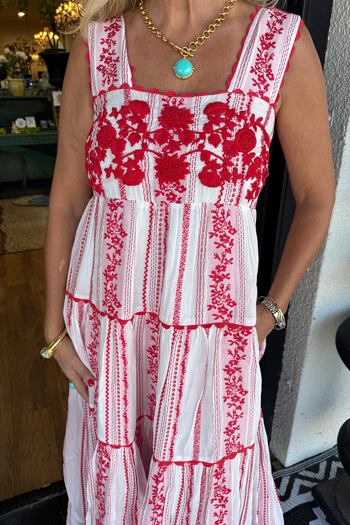 Red Floral Tiered Pocket Dress