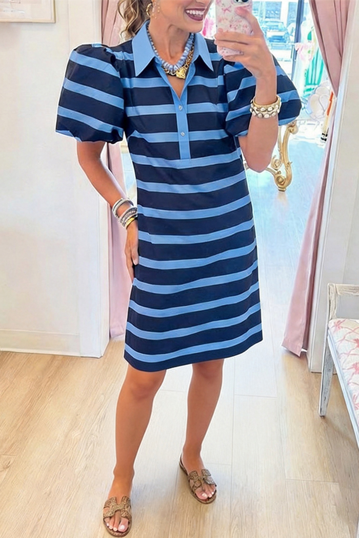 Casual Puff Sleeve Stripe Dress