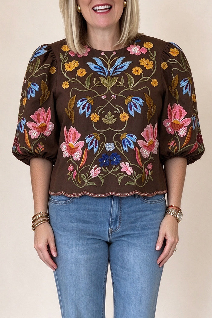 Embroidered Floral Puff Sleeve Top