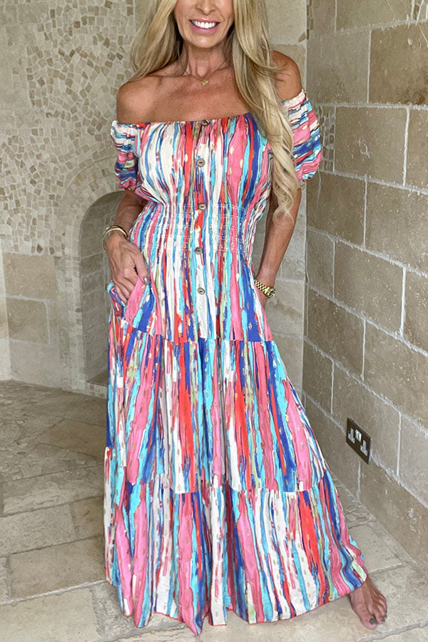 Colorful Striped Puff Sleeve Dress