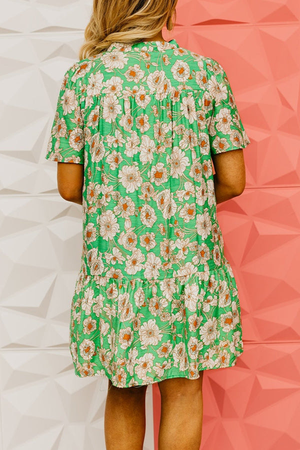 Crochet Notched Neck Floral Pleated Dress