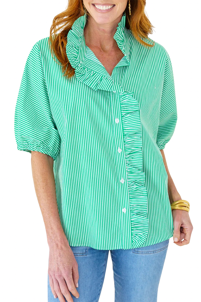 Ruffle Placket Puff Sleeve Stripe Top