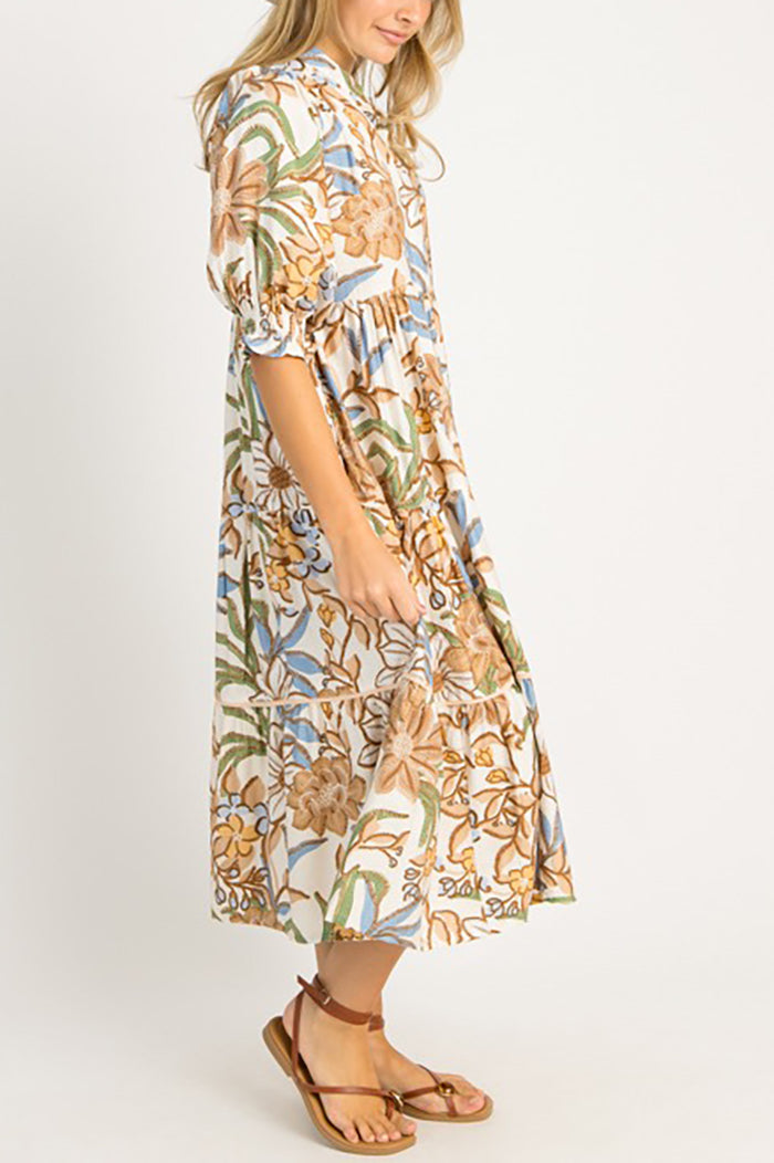 Floral Smocked Sleeve Pockets Dress