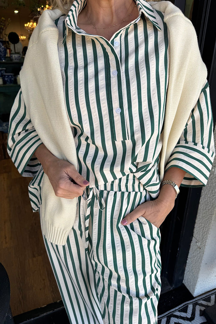 Green White Stripe Pocketed Two Piece Set