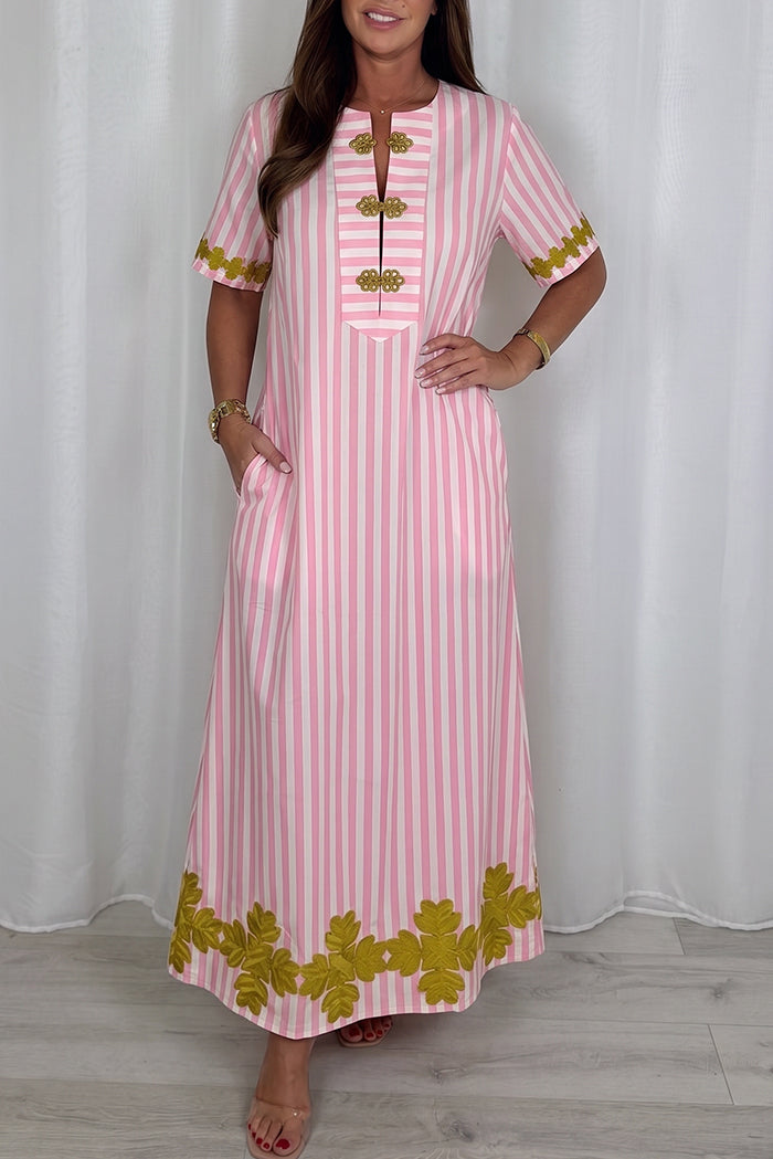 Striped Print Frog Closure Pocket Maxi Dress