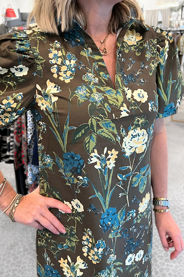 Brown Floral Puff Sleeve Maxi Dress