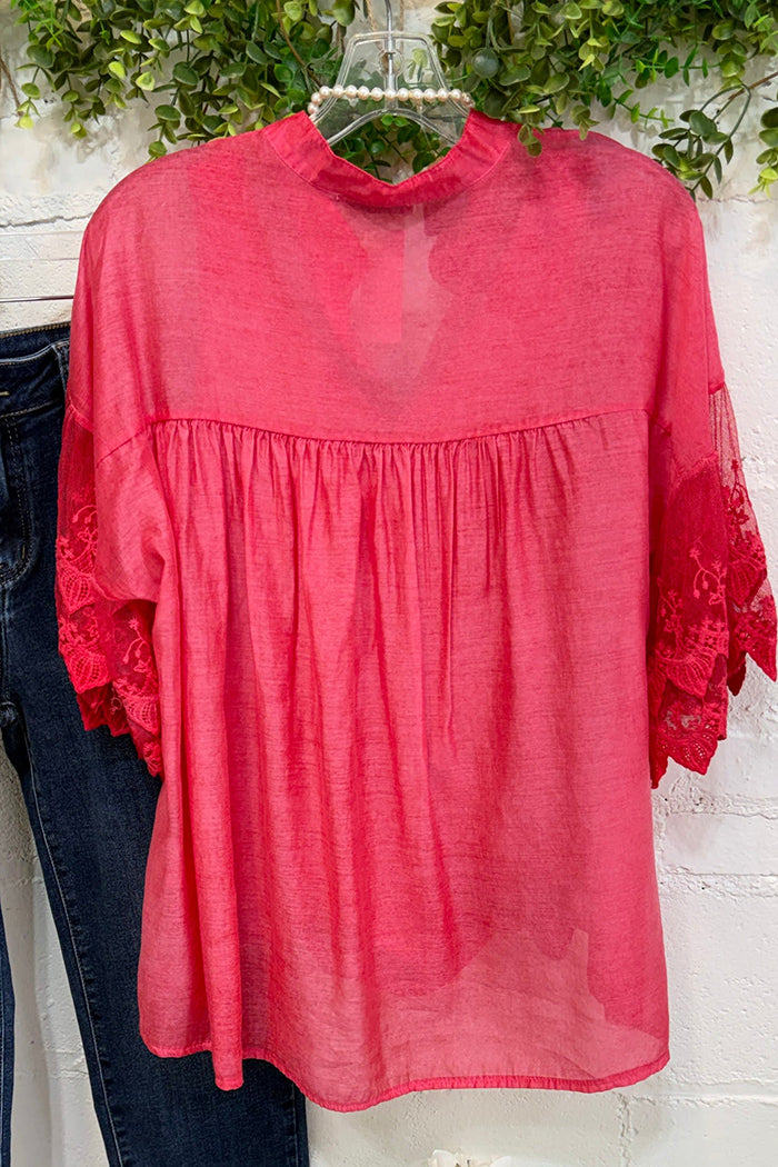Strawberry Pink Lace Ruffle Short Sleeve Button Front Top