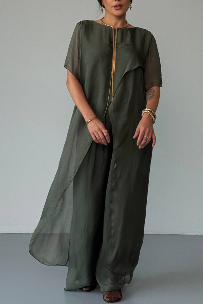 Flowy Asymmetric Cape Sleeve Wide Leg Pants Set