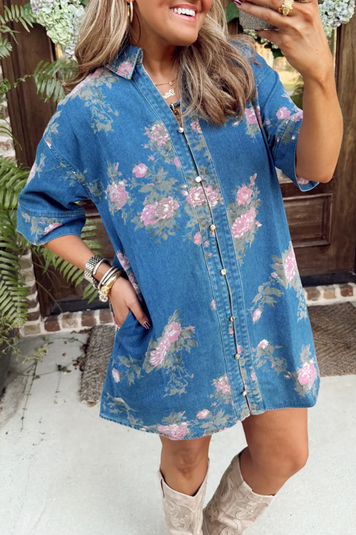 Denim Floral Print Shirt Dress