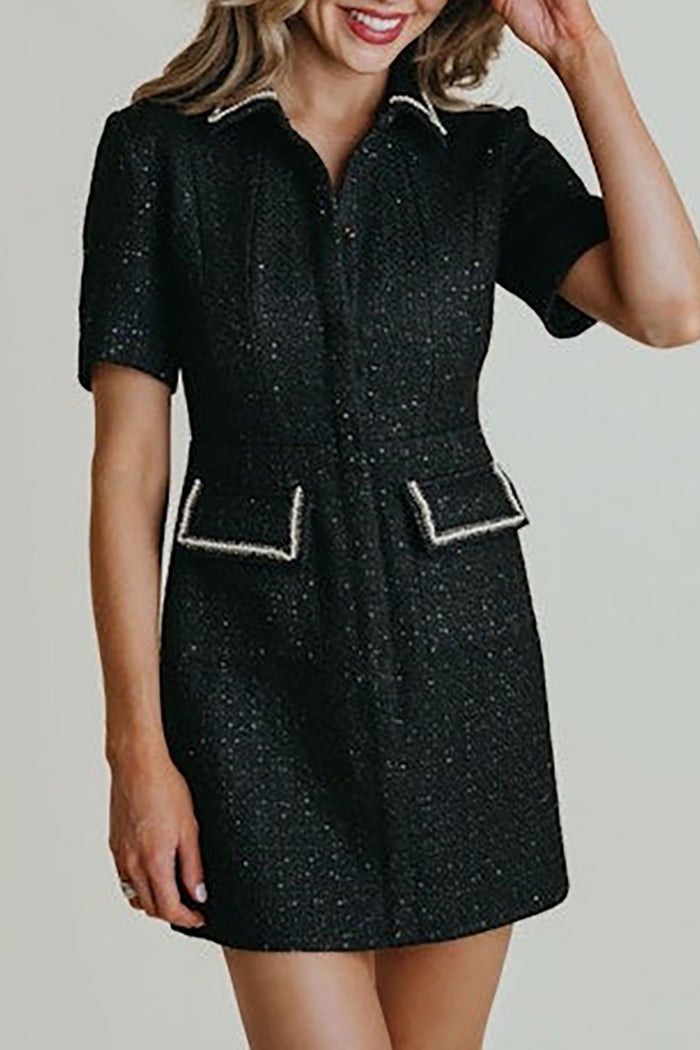 Black Tweed Contrast Pocketed Dress