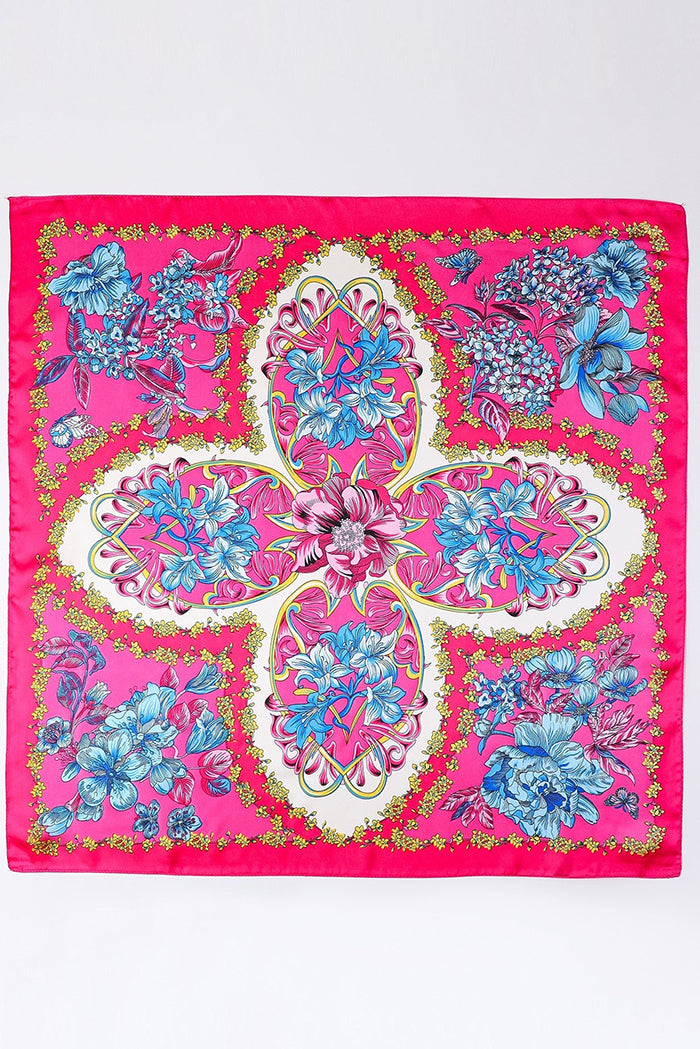 Fuchsia Floral Silk-Feel Scarf With Scarf Ring