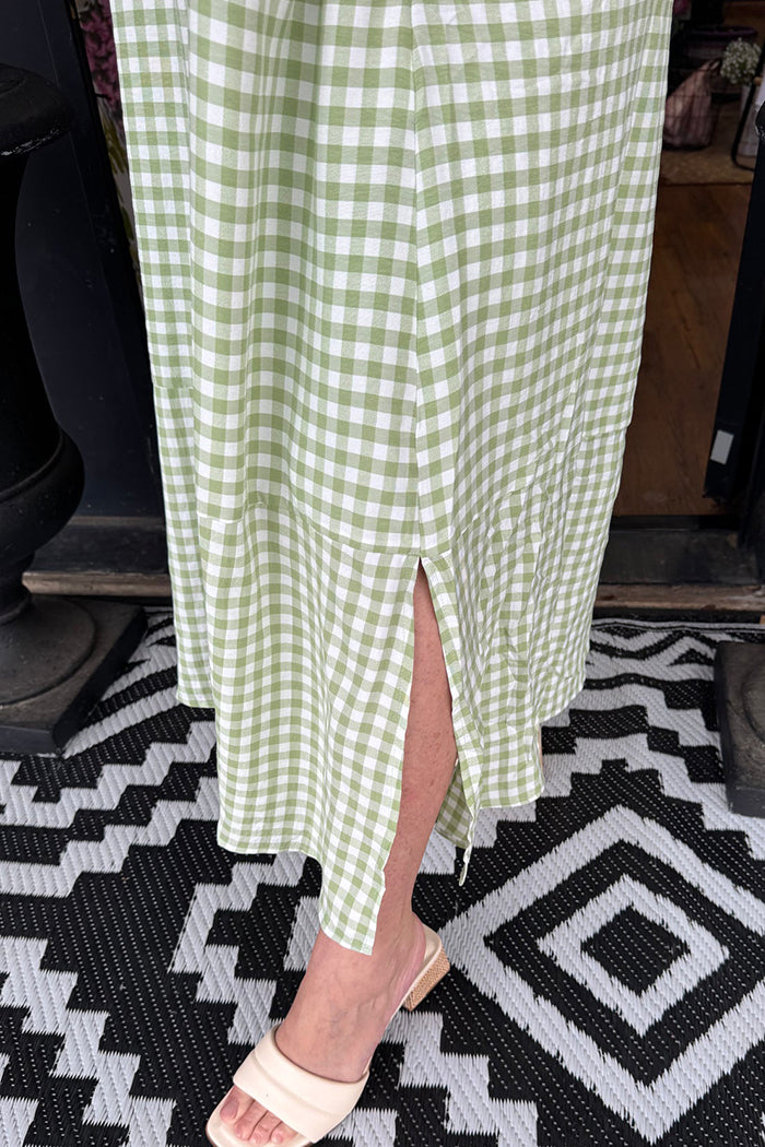 Gingham Collared Puff Sleeve Side Slit Dress
