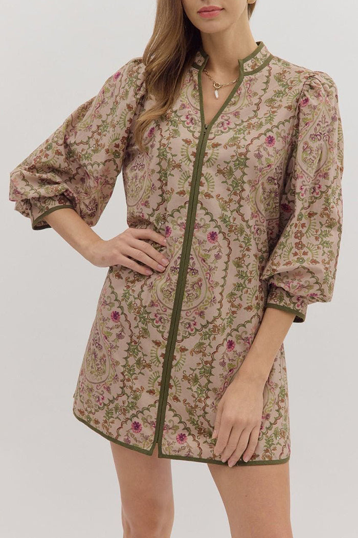 V-Neck Puff Sleeves Pocket Dress