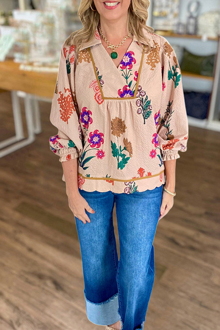 V-Neck 3/4 Sleeves Floral Print Top