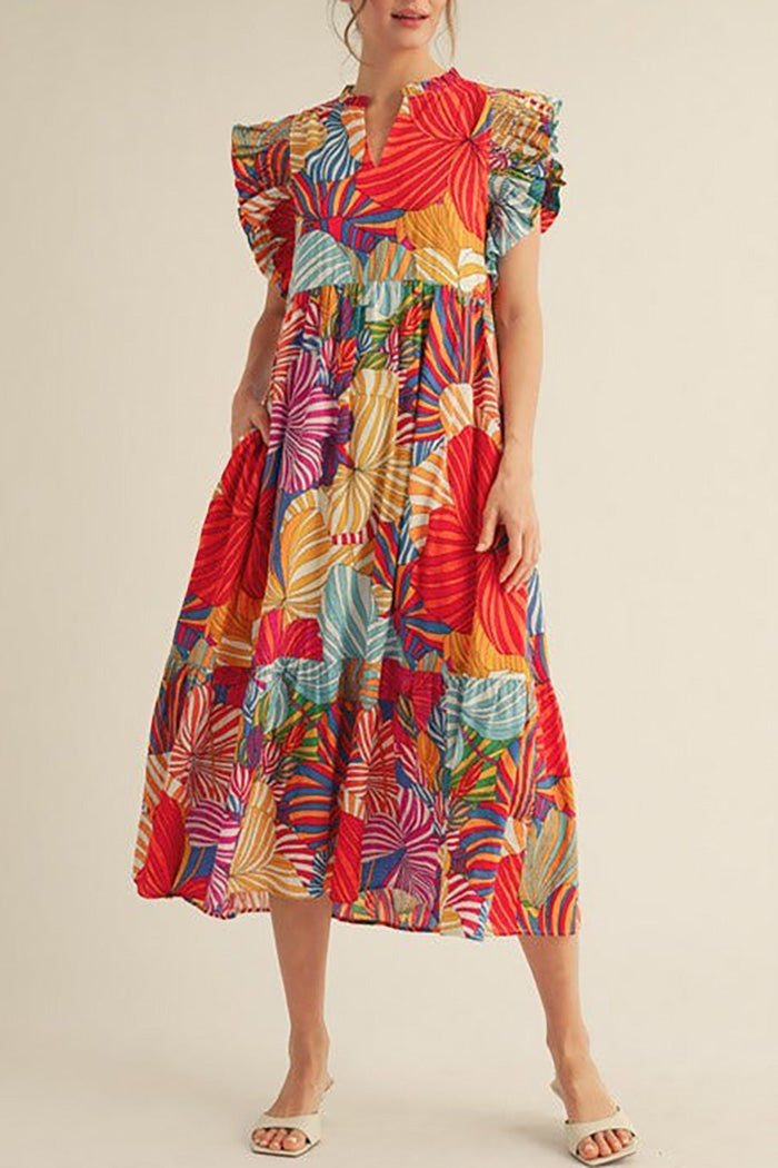 Ruffled Cap Sleeves Pocket Floral Midi Dress