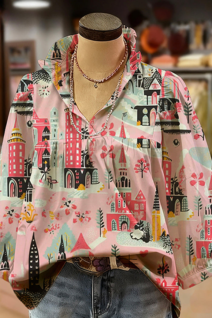 Ctiy Print Ruffled V-Neck Puff-Sleeve Blouse
