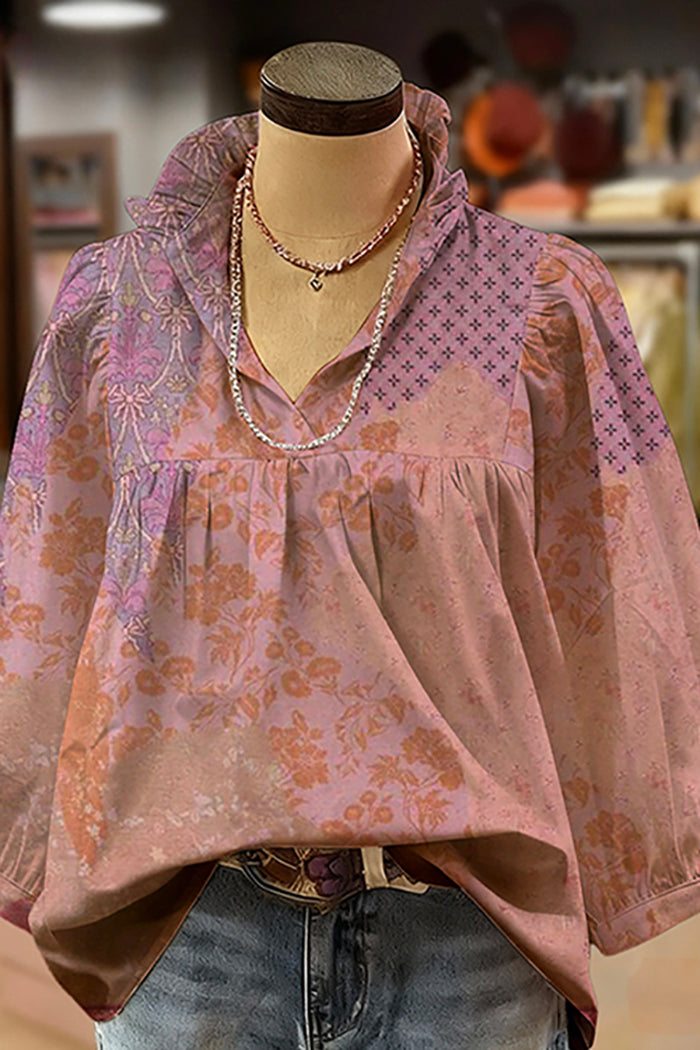 Floral Pattern Ruffled V-Neck Puff-Sleeve Blouse