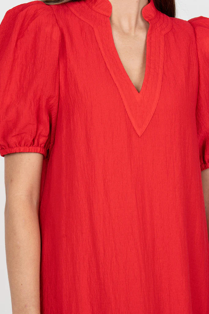 Red V-Neck Puff-Sleeve Pocket Dress