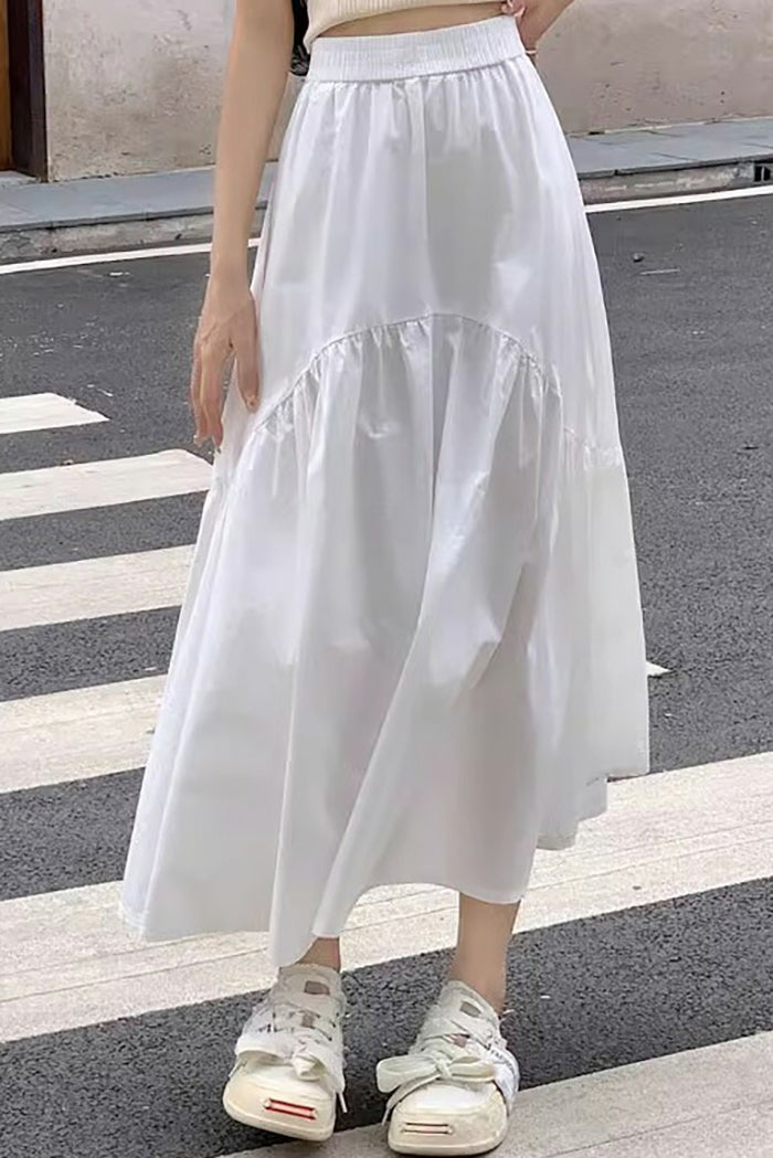 White High-Waist Tiered Maxi Skirt