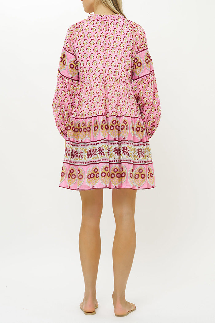 Block Print Balloon Sleeve Tiered Trapeze Mini Dress