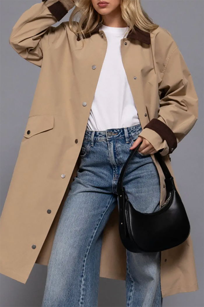 Contrast Collar Snap Button Down Pocket Coat