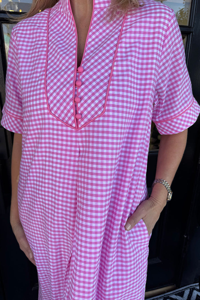 Pocketed Pink Gingham Maxi Dress