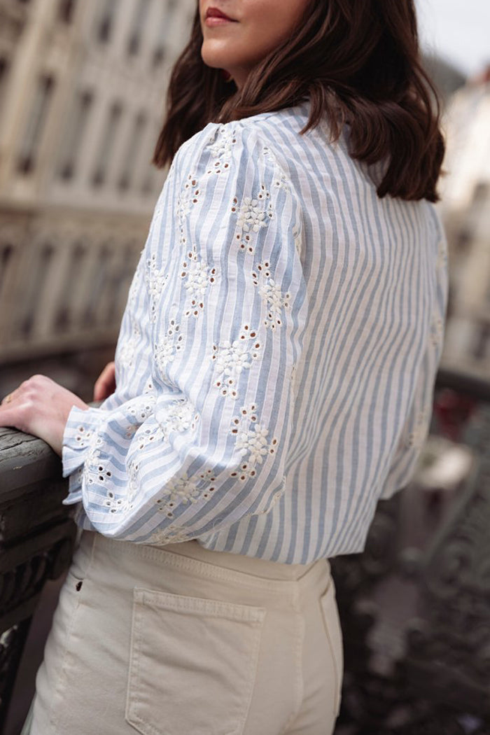 Ruffle Stand Collar Striped Top