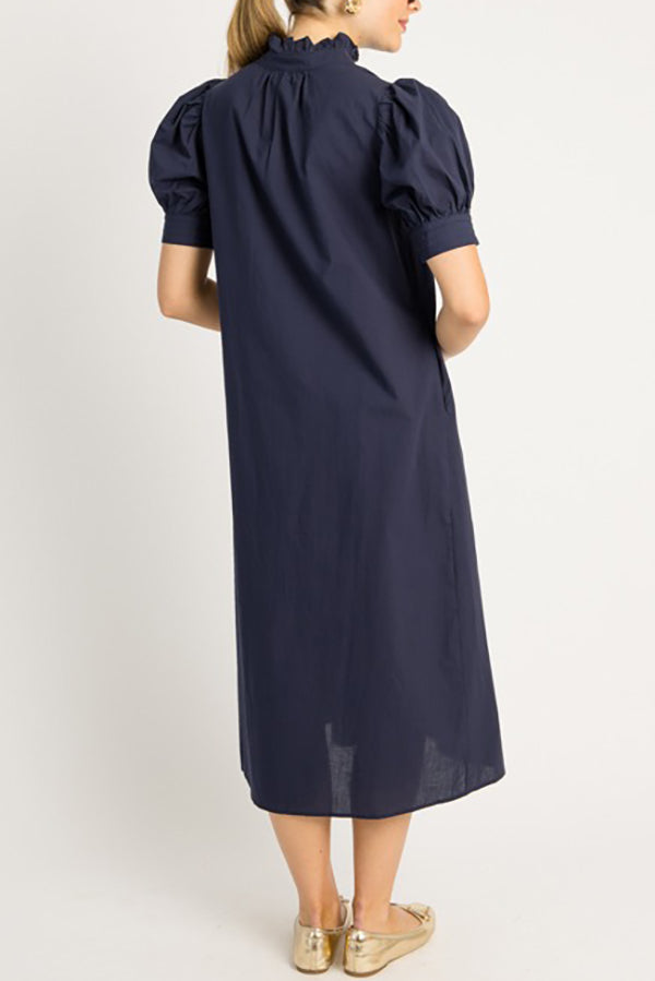 Solid Color Puff Sleeve Dress