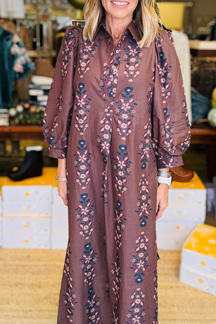 Pocketed Floral Print Maxi Shirt Dress