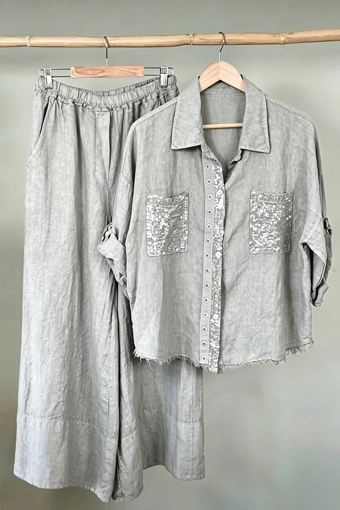Sequin Pocket Button Down Wide Leg Pants Set