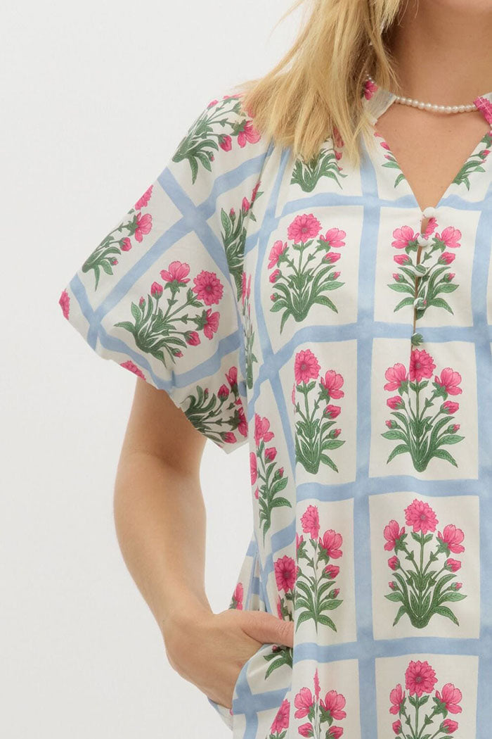 Floral Puff Sleeve Pocket Dress