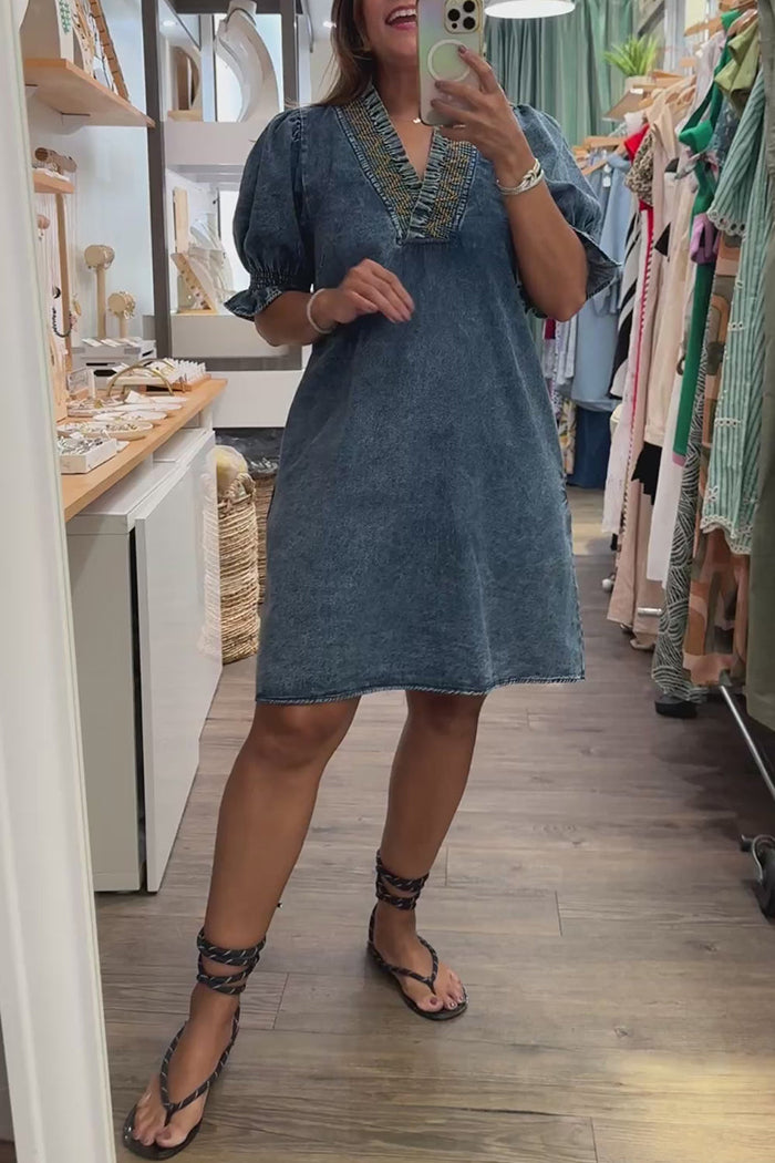 Acid Wash Puff Sleeve Denim Dress