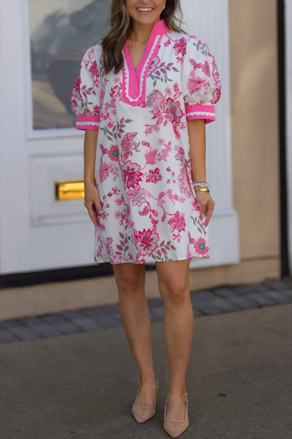 V-Neck Puff Sleeve Floral Dress