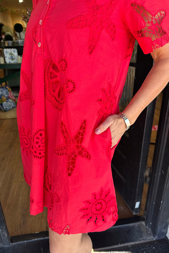 Seashell Eyelet Collared Pocketed Dress