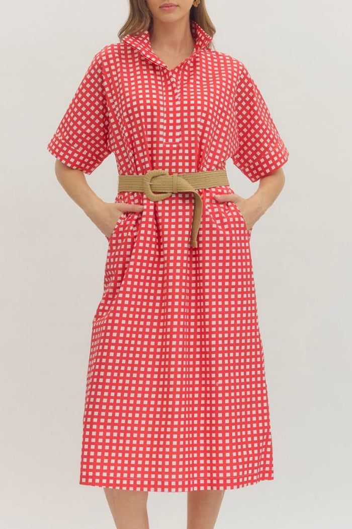 Check Print Short Sleeve Pocket Midi Dress