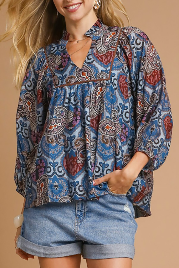 Retro Pattern V-Neck Top