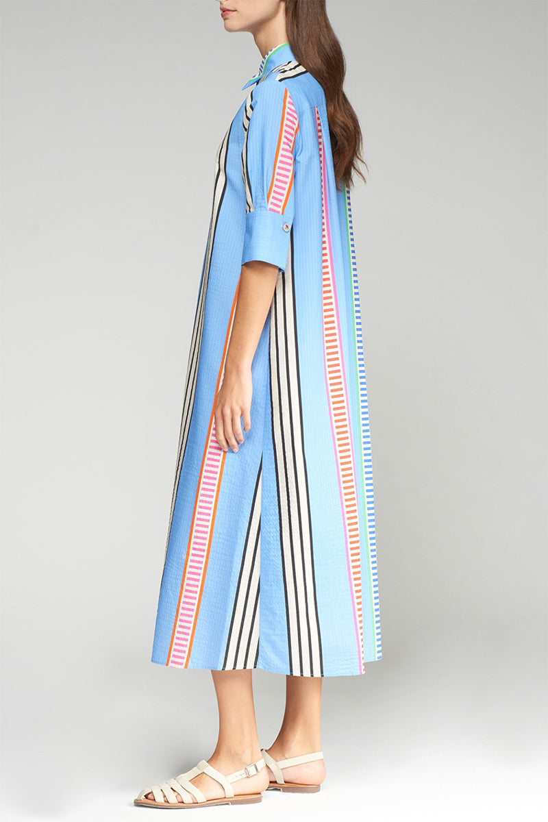 Vertical Stripes Pocket Blue Shirt Dress