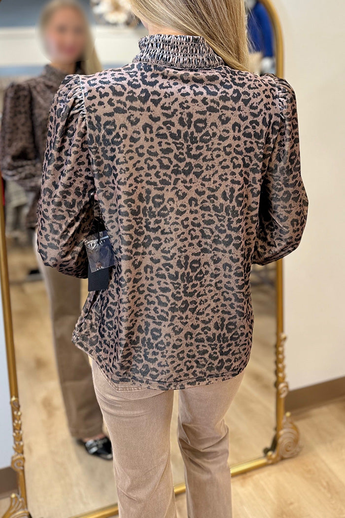 Leopard Print Ruched Sleeve Puff Sleeve Blouse