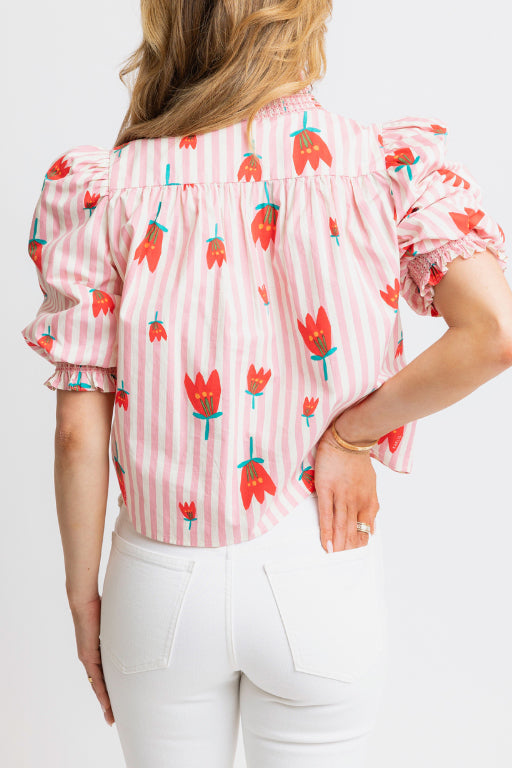 Pink Stripe Ruffle Button Up Top