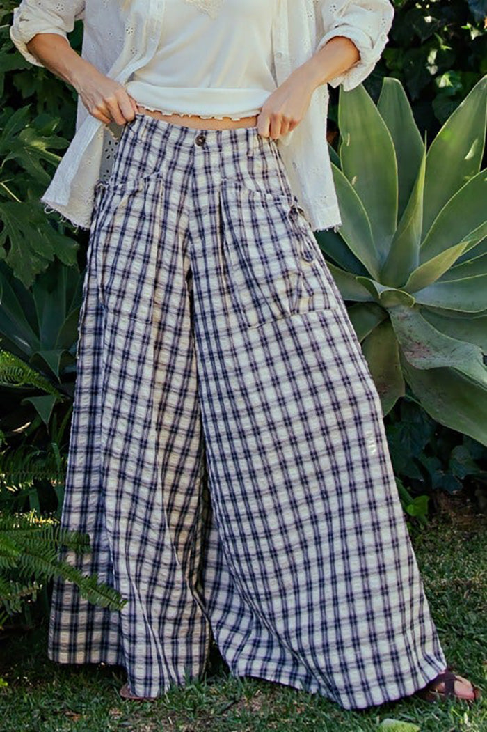 Checker Print Pocketed Wide Leg Pants